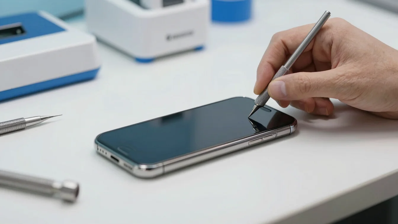 Close-up of a smartphone screen being carefully replaced on a cle