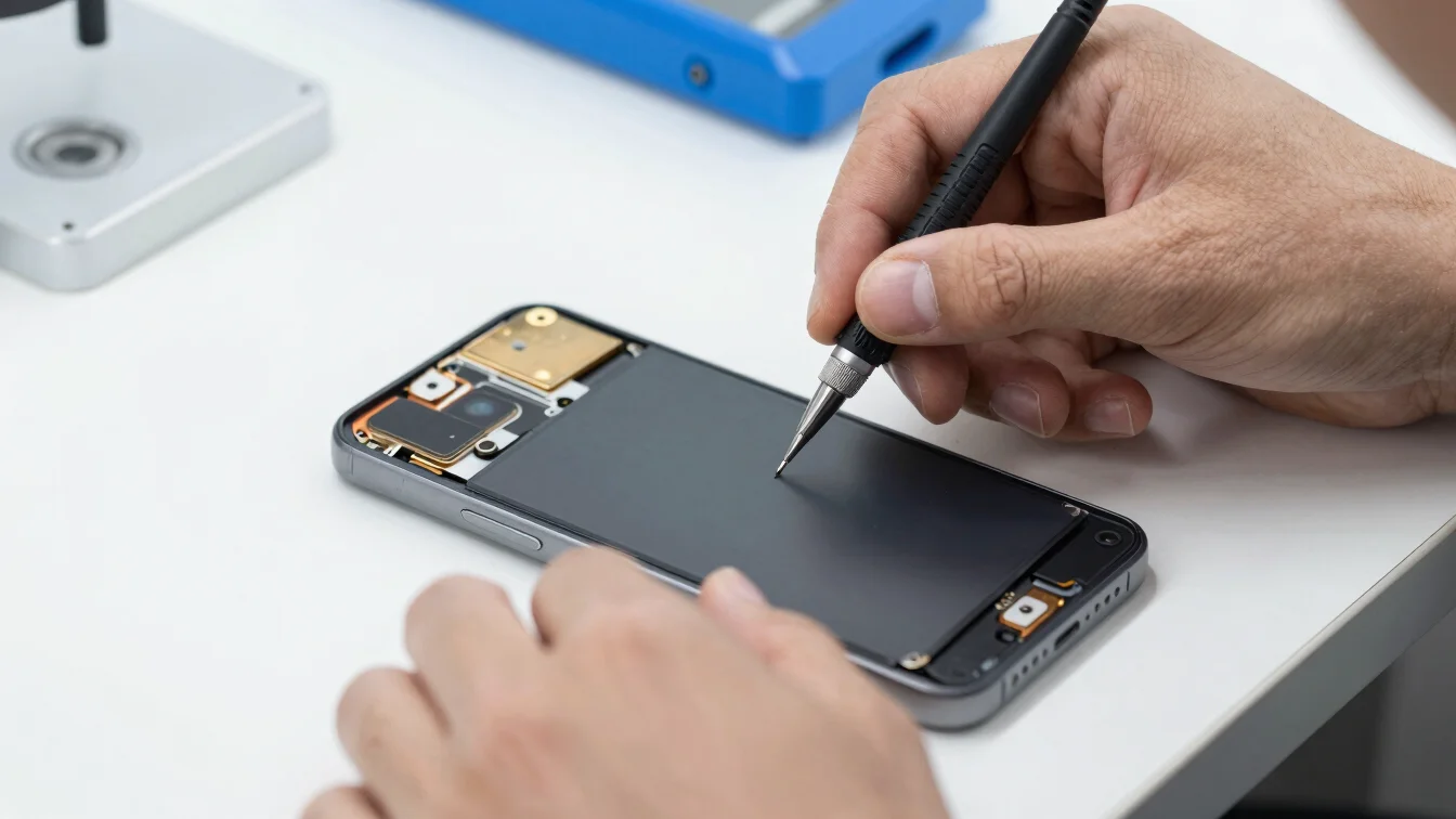 Close-up of a technician carefully replacing a smartphone battery