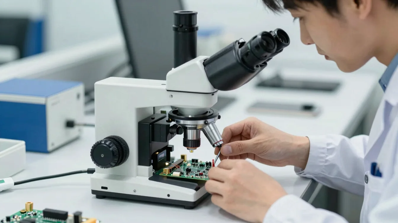 Detailed shot of a technician inspecting a circuit board for wate