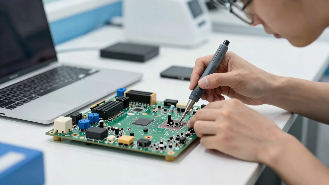 Organized view of a technician performing micro-soldering on a la