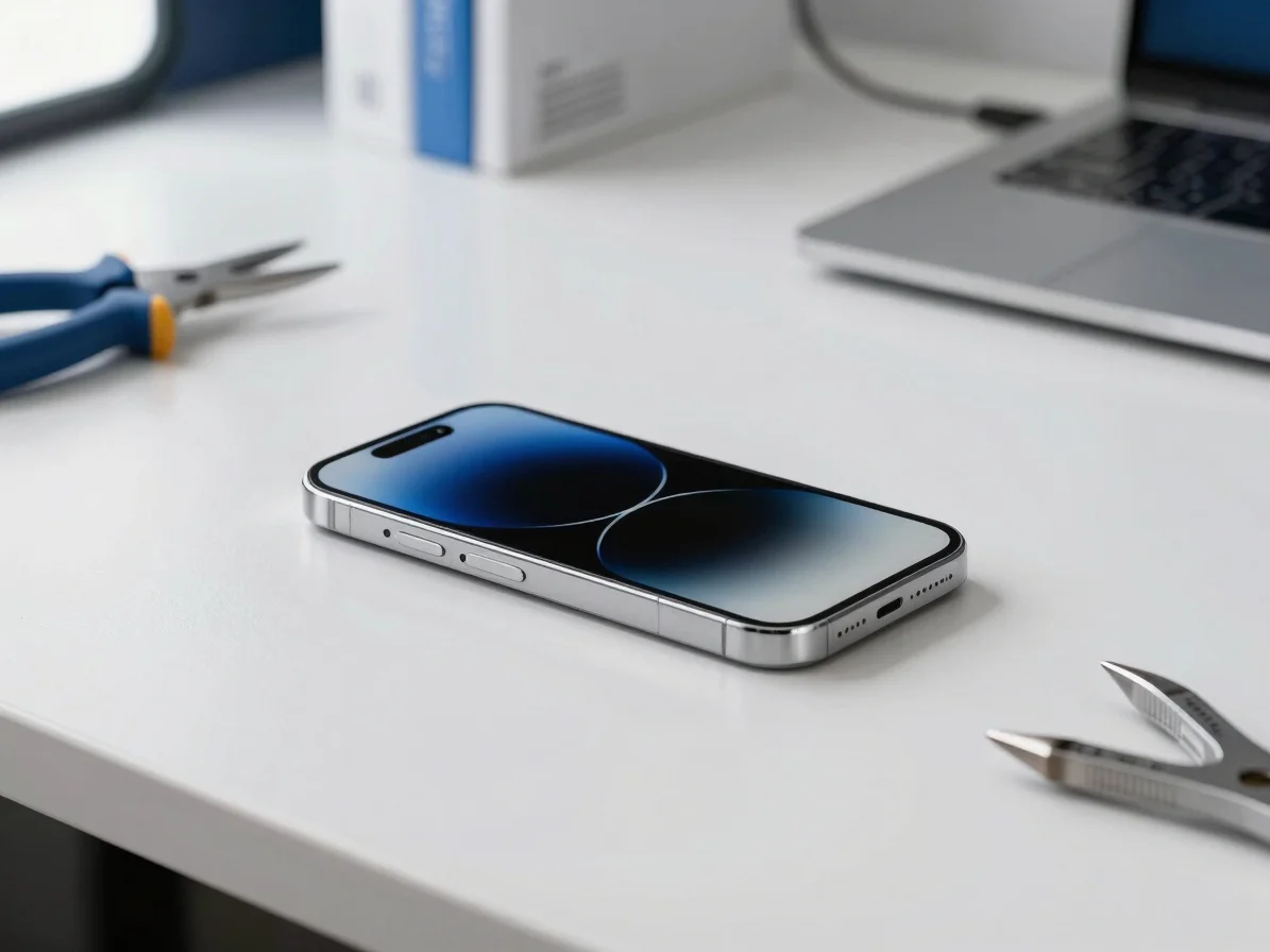 Clean commercial photography of an iPhone laid open on a tidy wor