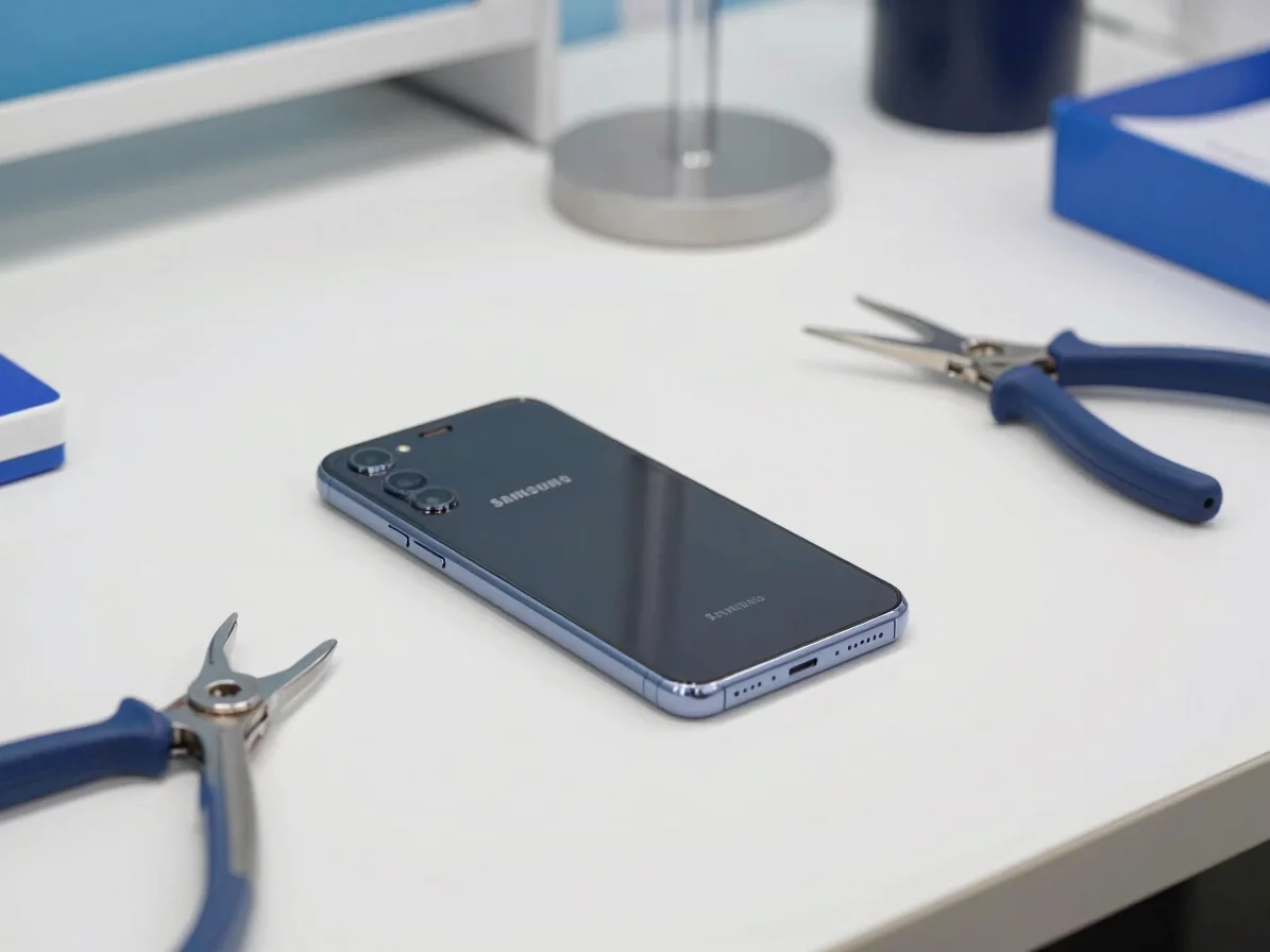 Clean commercial photography of a Samsung Galaxy phone disassembl