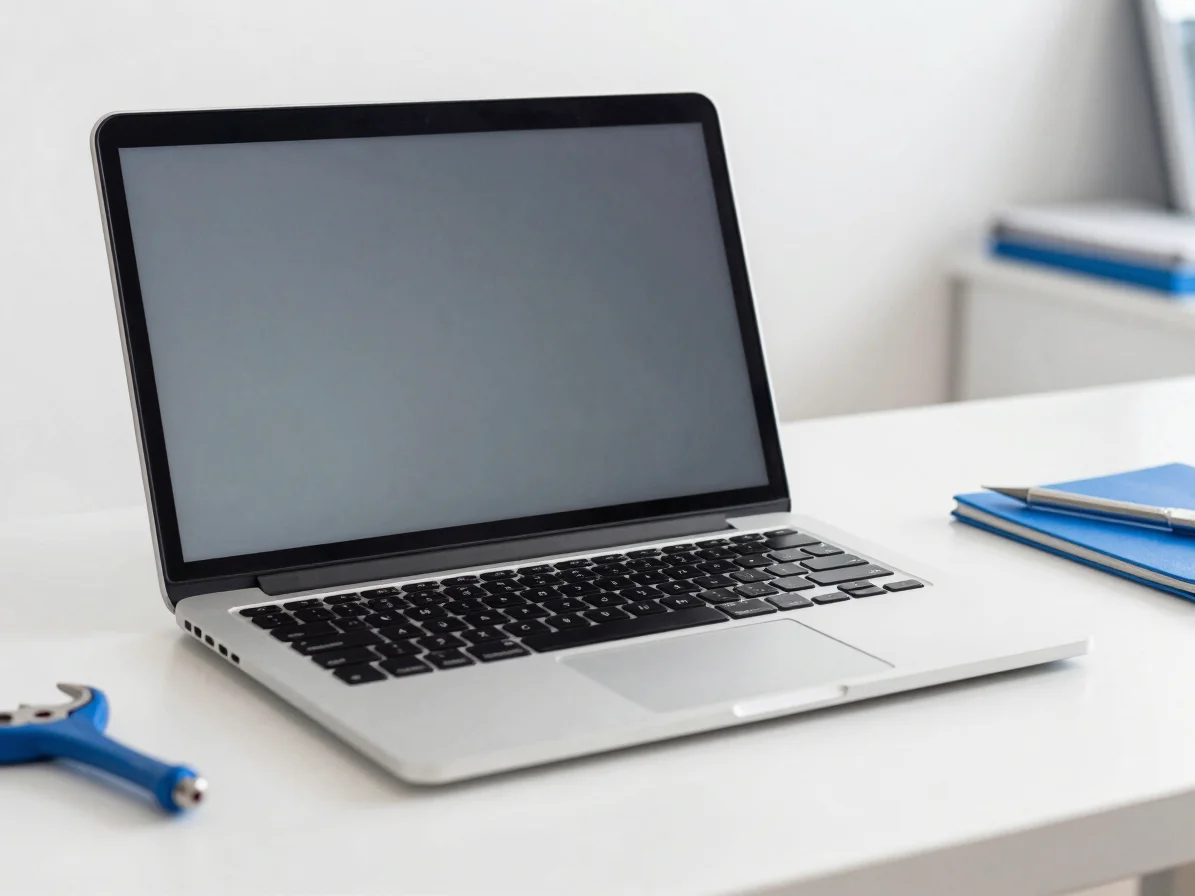 Clean commercial photography of a laptop keyboard and screen on a