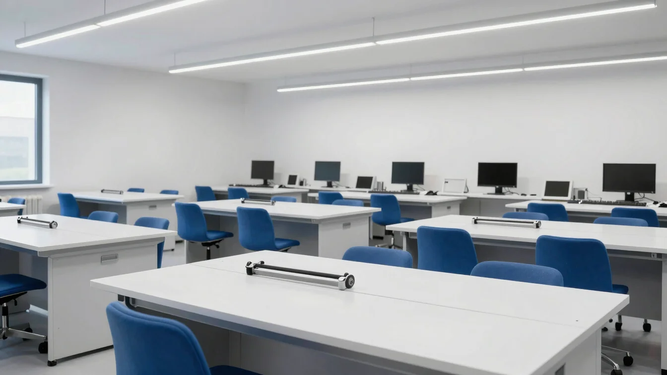Overzichtsfoto van een strakke, moderne werkplaats met opgeruimde werkbanken, schone precisiegereedschappen en subtiele